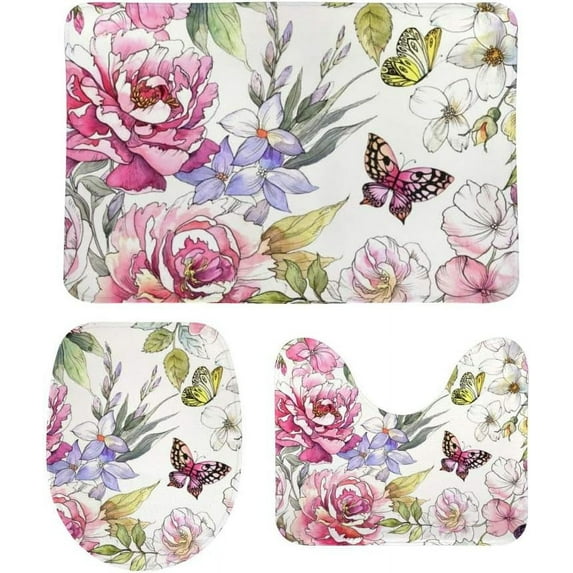 SKYSONIC Non-Slip 3 Piece Bathroom Rug Set Rose Flowers Butterflies Soft Contour Rug + Toilet Lid Cover + Bath Mat Bathroom Decor