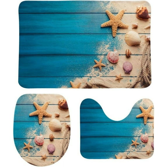 Non-Slip 3 Piece Bathroom Rug Set Shell Starfish Sand On Wooden Floor Soft Contour Rug + Toilet Lid Cover + Bath Mat Bathroom Decor