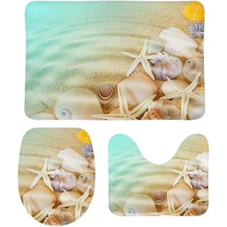 Non-Slip 3 Piece Bathroom Rug Set Shells and Starfish On Beach Water Soft Contour Rug + Toilet Lid Cover + Bath Mat Bathroom Decor