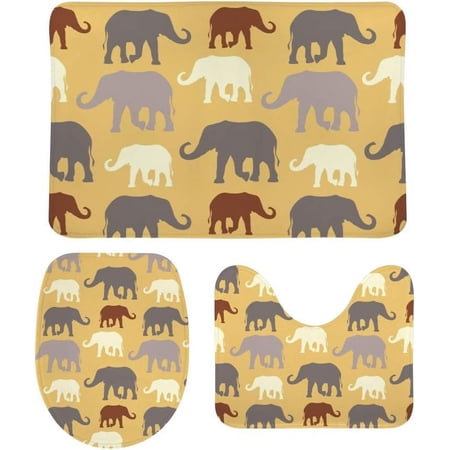 3 Piece SKYSONIC Non-Slip Bathroom Rug Set Silhouette Elephants Soft Contour Rug + Toilet Lid Cover + Bath Mat Bathroom Decor