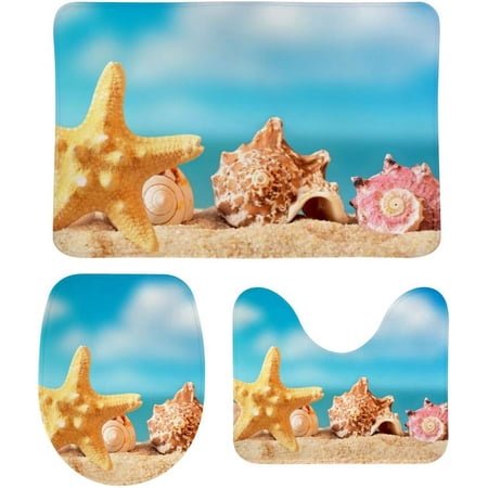 Non-Slip 3 Piece Bathroom Rug Set Starfish Shell On Sand Soft Contour Rug + Toilet Lid Cover + Bath Mat Bathroom Decor