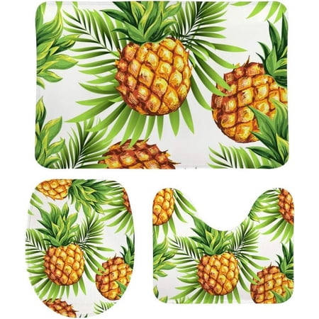 Non-Slip 3 Piece Bathroom Rug Set Tropical Pineapple Soft Contour Rug + Toilet Lid Cover + Bath Mat Bathroom Decor