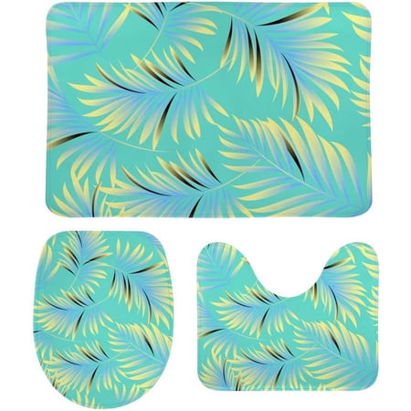 Non-Slip 3 Piece Bathroom Rug Set Tropical Plant Leaves Soft Contour Rug + Toilet Lid Cover + Bath Mat Bathroom Decor