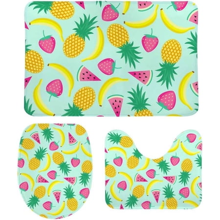 SKYSONIC Non-Slip 3 Piece Bathroom Rug Set Tropicial Fruits Soft Contour Rug + Toilet Lid Cover + Bath Mat Bathroom Decor