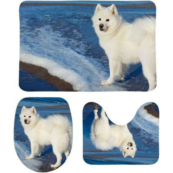 Non-Slip 3 Piece Bathroom Rug Set White Samoyed Dog Near The Sea Soft Contour Rug + Toilet Lid Cover + Bath Mat Bathroom Decor