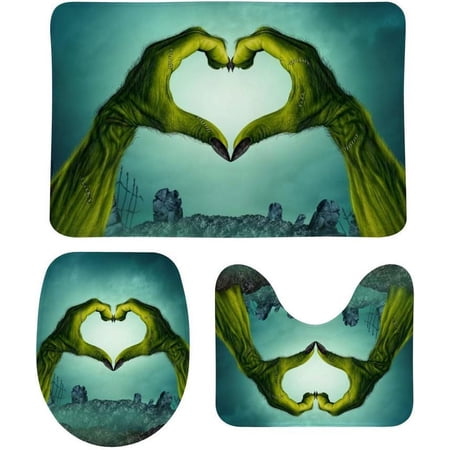 Non-Slip 3 Piece Bathroom Rug Set Zombie Hand Heart Shape Soft Contour Rug + Toilet Lid Cover + Bath Mat Bathroom Decor