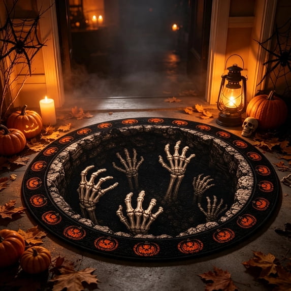 Non‑Slip 3D Haunted Staircase Optical Illusion Round Rug, Soft Quilted Fabric Abyss Depth Area Mat, Spooky Ghost Skeleton Pumpkin Floor Carpet for Indoor Halloween Home Party Decor, Styles Available