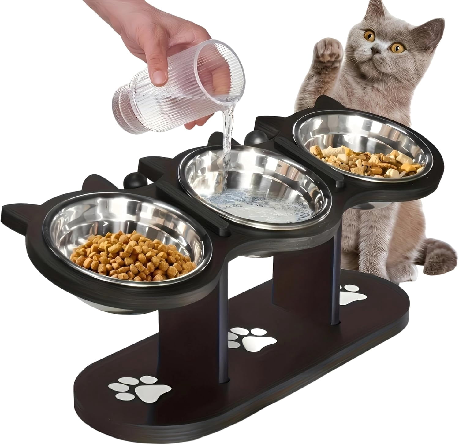 Non-Slip 4.7 Inch Elevated Pet Feeder with 3 Stainless Steel Shallow Raised Bowls Whisker Friendly Dishes for Cats Puppies Kittens (3 Bowls, Black)