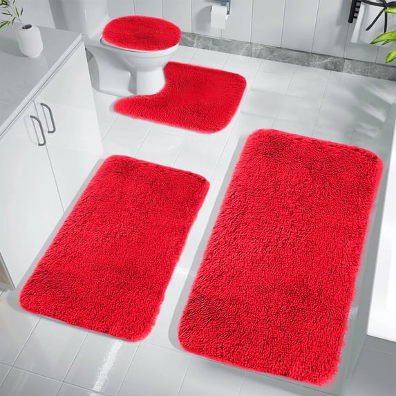 Non-Slip Absorbent Bathroom Mat Set 3-Piece Red Plush Rug with Rubber Backing for Toilet Shower Floor Anti-Slip Quick-Dry Indoor Carpet Plyzle