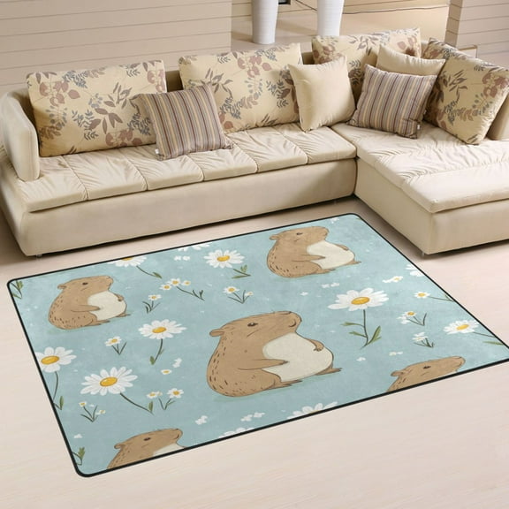 Non-Slip Area Rug 31"x20" Indoor Washable Floor Mats Carpet Printed for Living Room, Bedroom, Home Decor Cute Capybara and Daisies