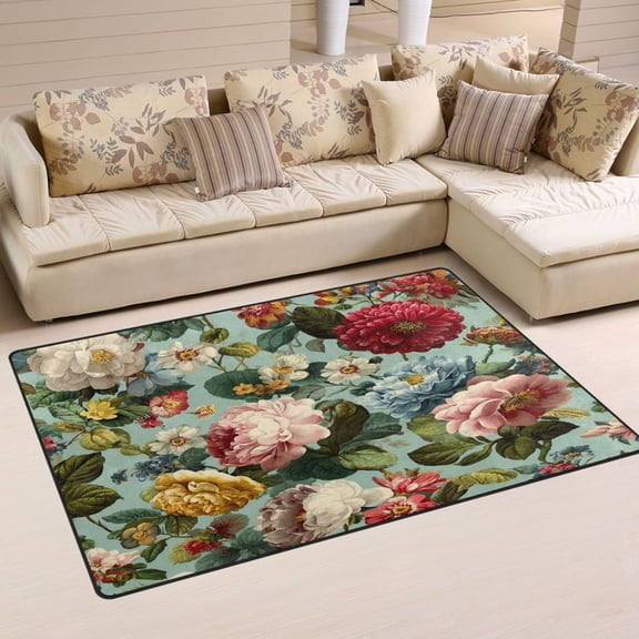 Non-Slip Area Rug 31"x20" Indoor Washable Floor Mats Carpet Printed for Living Room, Bedroom, Home Decor Floral Pattern with Roses