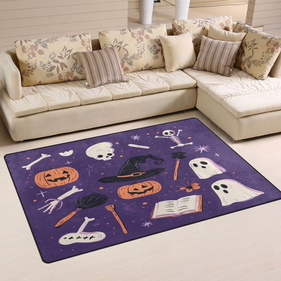Non-Slip Area Rug 31"x20" Indoor Washable Floor Mats Carpet Printed for Living Room, Bedroom, Home Decor Halloween Elements with Pumpkin Skull