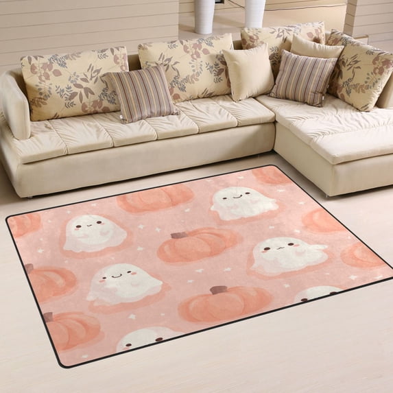 Non-Slip Area Rug 31"x20" Indoor Washable Floor Mats Carpet Printed for Living Room, Bedroom, Home Decor Light Pink Ghosts and Pumpkins