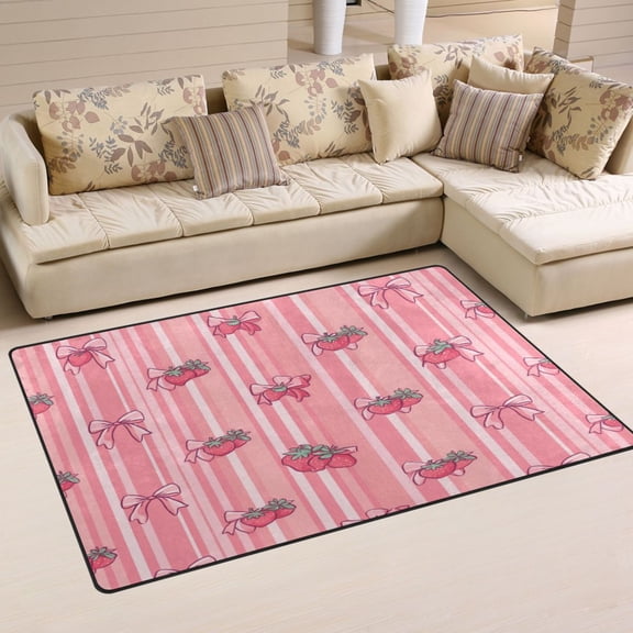 Non-Slip Area Rug 31"x20" Indoor Washable Floor Mats Carpet Printed for Living Room, Bedroom, Home Decor Pink Bows and Strawberries