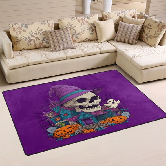 Non-Slip Area Rug 31"x20" Indoor Washable Floor Mats Carpet Printed for Living Room, Bedroom, Home Decor Smiling Skull Wearing Witch Hat