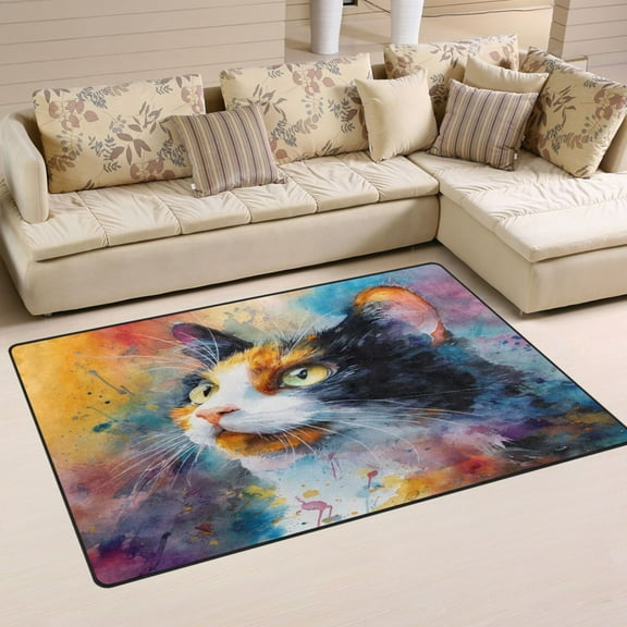 Non-Slip Area Rug 31"x20" Indoor Washable Floor Mats Carpet Printed for Living Room, Bedroom, Home Decor Watercolor Calico Cat