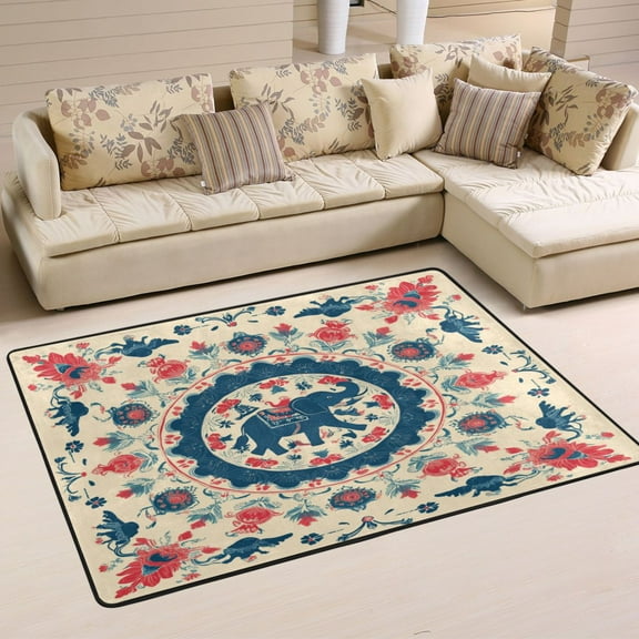 Non-Slip Area Rug 36"x24" Indoor Washable Floor Mats Carpet Printed for Living Room, Bedroom, Home Decor Blue and Red Tibetan Pattern
