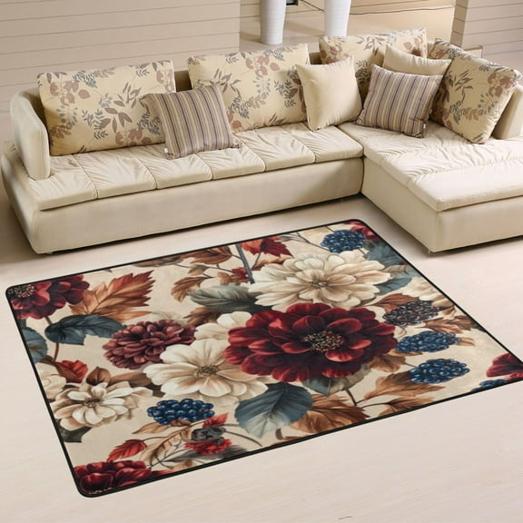 Non-Slip Area Rug 36"x24" Indoor Washable Floor Mats Carpet Printed for Living Room, Bedroom, Home Decor Burgundy Hydrangeas