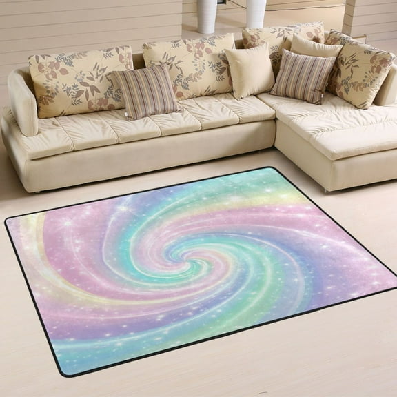 Non-Slip Area Rug 36"x24" Indoor Washable Floor Mats Carpet Printed for Living Room, Bedroom, Home Decor Cute Pastel Rainbow Swirl