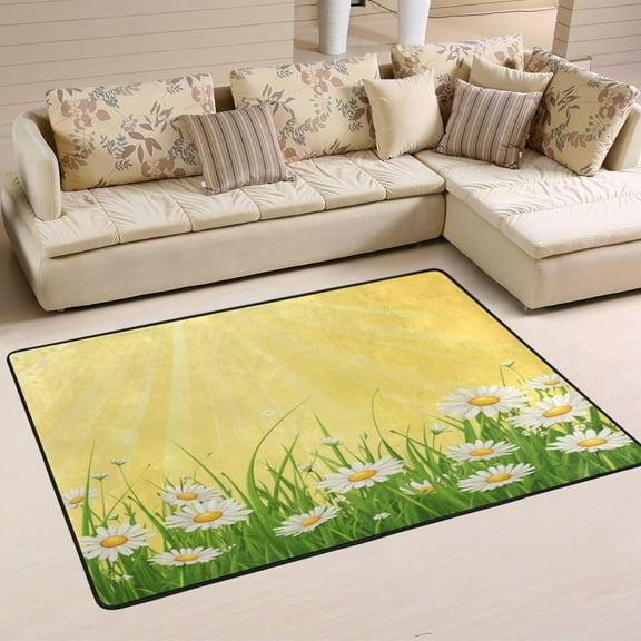 Non-Slip Area Rug 36"x24" Indoor Washable Floor Mats Carpet Printed for Living Room, Bedroom, Home Decor Daisies and Sun Rays
