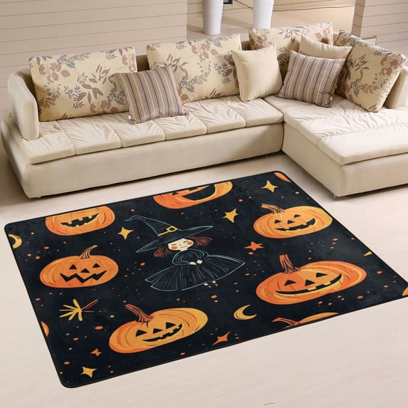 Non-Slip Area Rug 36"x24" Indoor Washable Floor Mats Carpet Printed for Living Room, Bedroom, Home Decor Halloween Pumpkin and Witch