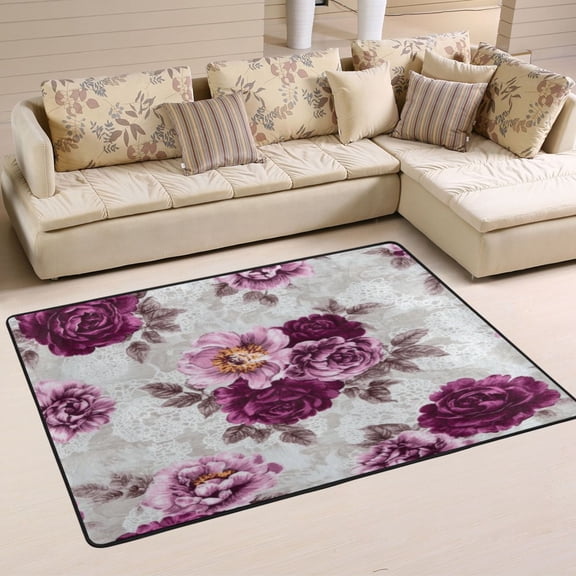 Non-Slip Area Rug 36"x24" Indoor Washable Floor Mats Carpet Printed for Living Room, Bedroom, Home Decor Magenta Roses
