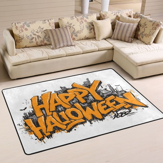 Non-Slip Area Rug 36"x24" Indoor Washable Floor Mats Carpet Printed for Living Room, Bedroom, Home Decor Orange Happy Halloween Font