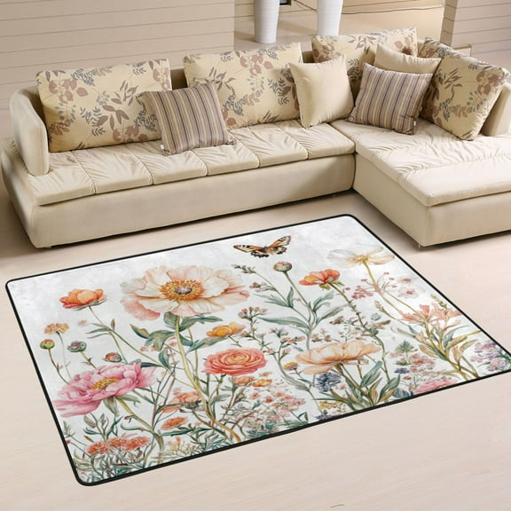 Non-Slip Area Rug 36"x24" Indoor Washable Floor Mats Carpet Printed for Living Room, Bedroom, Home Decor Peonies and Wildflowers