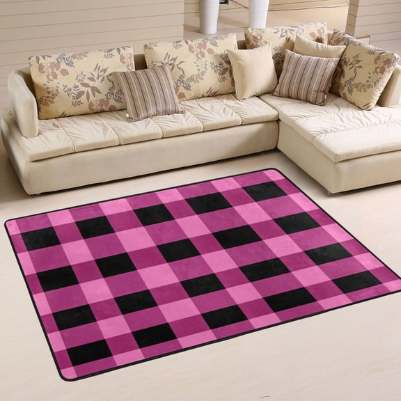 Non-Slip Area Rug 36"x24" Indoor Washable Floor Mats Carpet Printed for Living Room, Bedroom, Home Decor Pink and Black Check
