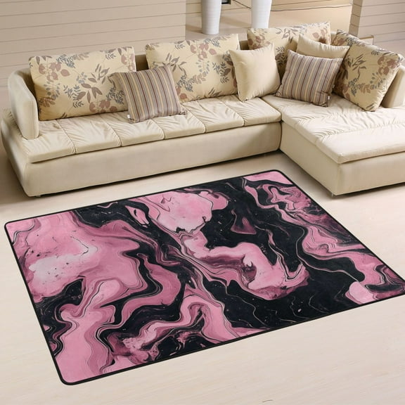 Non-Slip Area Rug 36"x24" Indoor Washable Floor Mats Carpet Printed for Living Room, Bedroom, Home Decor Pink and Black Marble Pattern