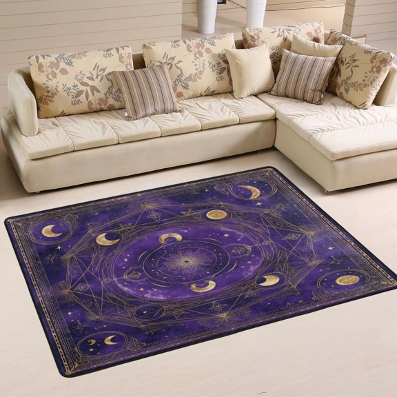 Non-Slip Area Rug 36"x24" Indoor Washable Floor Mats Carpet Printed for Living Room, Bedroom, Home Decor Purple Celestial Pattern