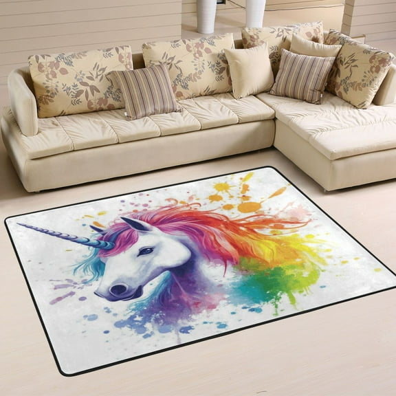 Non-Slip Area Rug 36"x24" Indoor Washable Floor Mats Carpet Printed for Living Room, Bedroom, Home Decor Rainbow-colored Unicorn