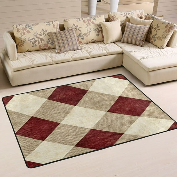 Non-Slip Area Rug 36"x24" Indoor Washable Floor Mats Carpet Printed for Living Room, Bedroom, Home Decor Red and Beige Checkered