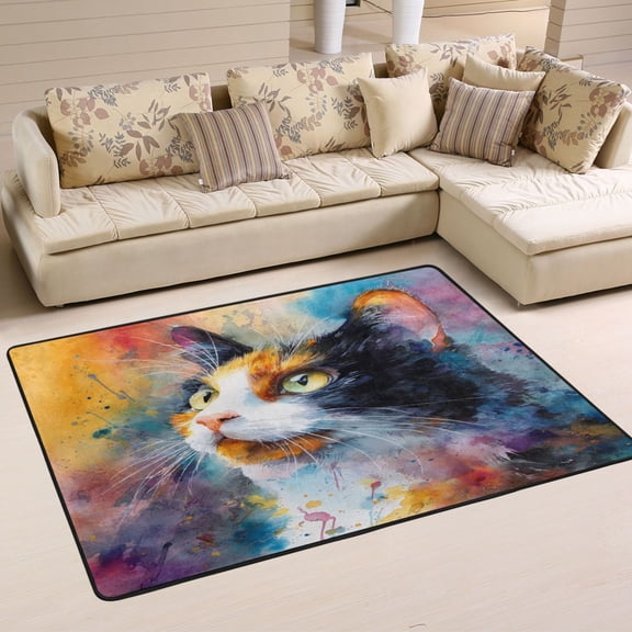 Non-Slip Area Rug 36"x24" Indoor Washable Floor Mats Carpet Printed for Living Room, Bedroom, Home Decor Watercolor Calico Cat