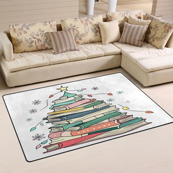 Non-Slip Area Rug 60"x39" Indoor Washable Floor Mats Carpet Printed for Living Room, Bedroom, Home Decor Christmas Tree Made Of Books