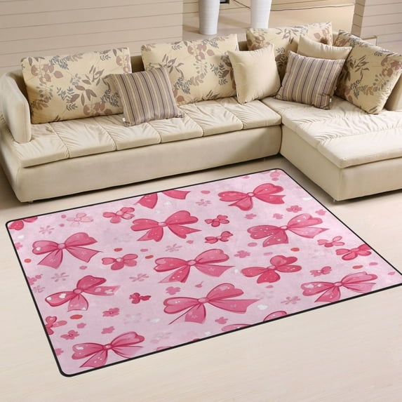 Non-Slip Area Rug 60"x39" Indoor Washable Floor Mats Carpet Printed for Living Room, Bedroom, Home Decor Pink Cute Bows