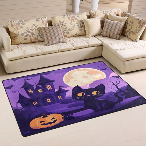 Non-Slip Area Rug 60"x39" Indoor Washable Floor Mats Carpet Printed for Living Room, Bedroom, Home Decor Pumpkin and Haunted House