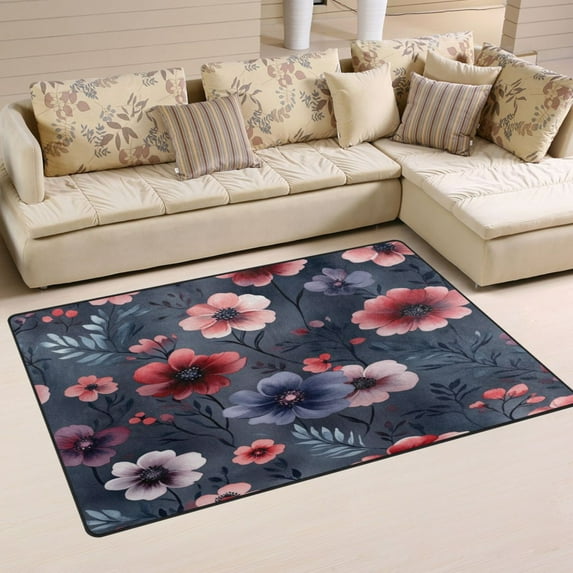 Non-Slip Area Rug 60"x39" Indoor Washable Floor Mats Carpet Printed for Living Room, Bedroom, Home Decor Red and Purple Floral Pattern