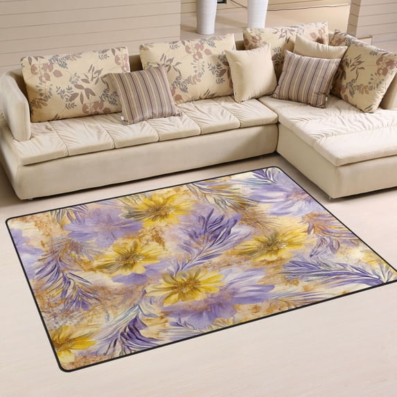 Non-Slip Area Rug 60"x39" Indoor Washable Floor Mats Carpet Printed for Living Room, Bedroom, Home Decor Yellow and Lavender Flowers