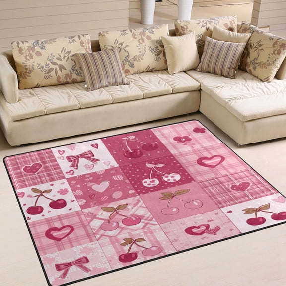 Non-Slip Area Rug 63x48in Indoor Washable Floor Mats Carpet Printed for Living Room, Bedroom, Home Decor Cherry Pattern with Bows