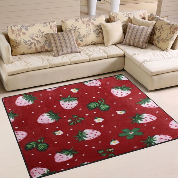 Non-Slip Area Rug 63x48in Indoor Washable Floor Mats Carpet Printed for Living Room, Bedroom, Home Decor Cute Pink Strawberry Pattern