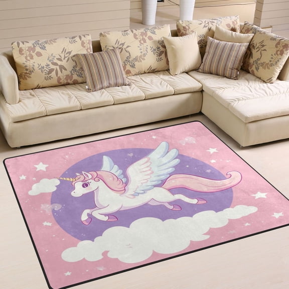 Non-Slip Area Rug 63x48in Indoor Washable Floor Mats Carpet Printed for Living Room, Bedroom, Home Decor Flying Unicorn with Wings