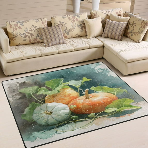 Non-Slip Area Rug 63x48in Indoor Washable Floor Mats Carpet Printed for Living Room, Bedroom, Home Decor Orange and White Pumpkins