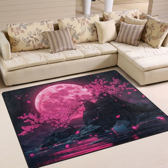 Non-Slip Area Rug 63x48in Indoor Washable Floor Mats Carpet Printed for Living Room, Bedroom, Home Decor Pink Moon and Cherry Blossoms