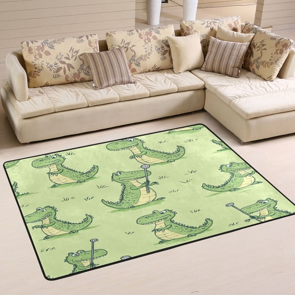 Non-Slip Area Rug 72"x48" Indoor Washable Floor Mats Carpet Printed for Living Room, Bedroom, Home Decor Cartoon Alligators Playing Golf