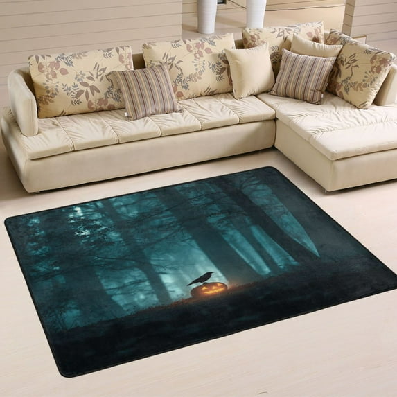 Non-Slip Area Rug 72"x48" Indoor Washable Floor Mats Carpet Printed for Living Room, Bedroom, Home Decor Crow Perched on Pumpkin Lantern