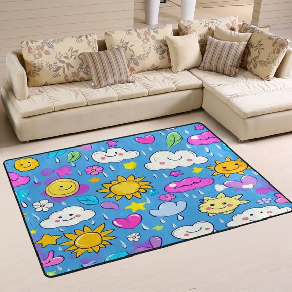 Non-Slip Area Rug 72"x48" Indoor Washable Floor Mats Carpet Printed for Living Room, Bedroom, Home Decor Cute Cartoon Rain Clouds