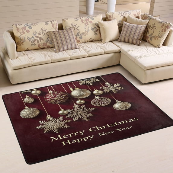 Non-Slip Area Rug 72"x48" Indoor Washable Floor Mats Carpet Printed for Living Room, Bedroom, Home Decor Golden Snowflakes and Silver Balls