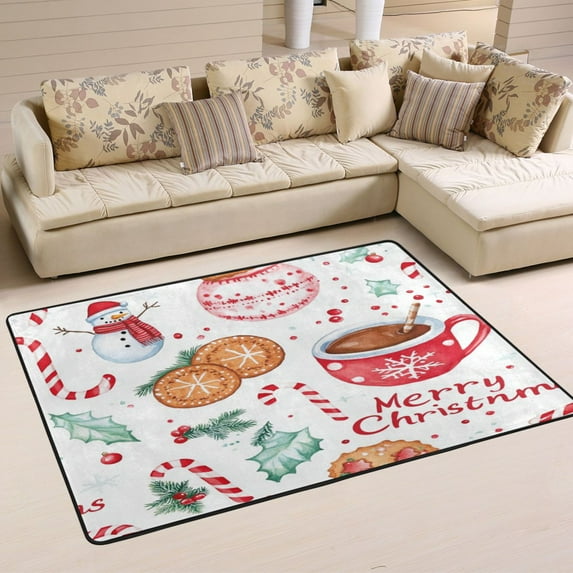 Non-Slip Area Rug 72"x48" Indoor Washable Floor Mats Carpet Printed for Living Room, Bedroom, Home Decor Watercolor Christmas Icon Pattern