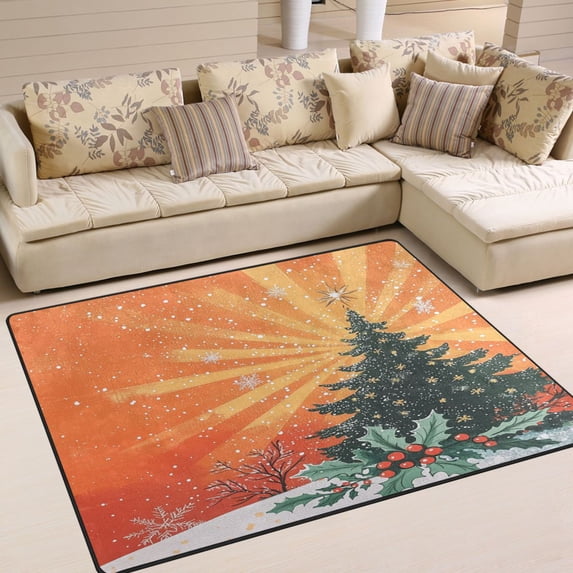Non-Slip Area Rug 80x58in Indoor Washable Floor Mats Carpet Printed for Living Room, Bedroom, Home Decor Christmas Tree and Holly